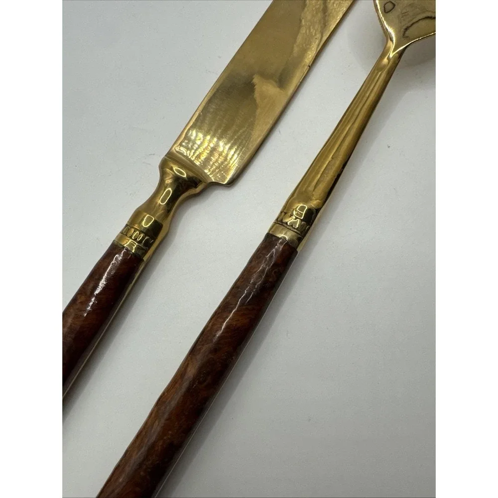 Vintage Burl wood handled‎ carving set. Gold tone.